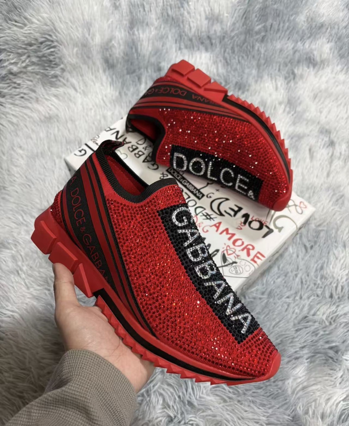 Dolce & Gabbana Sorrento Slip-On Sneakers with Rhinestones "Red/Black"