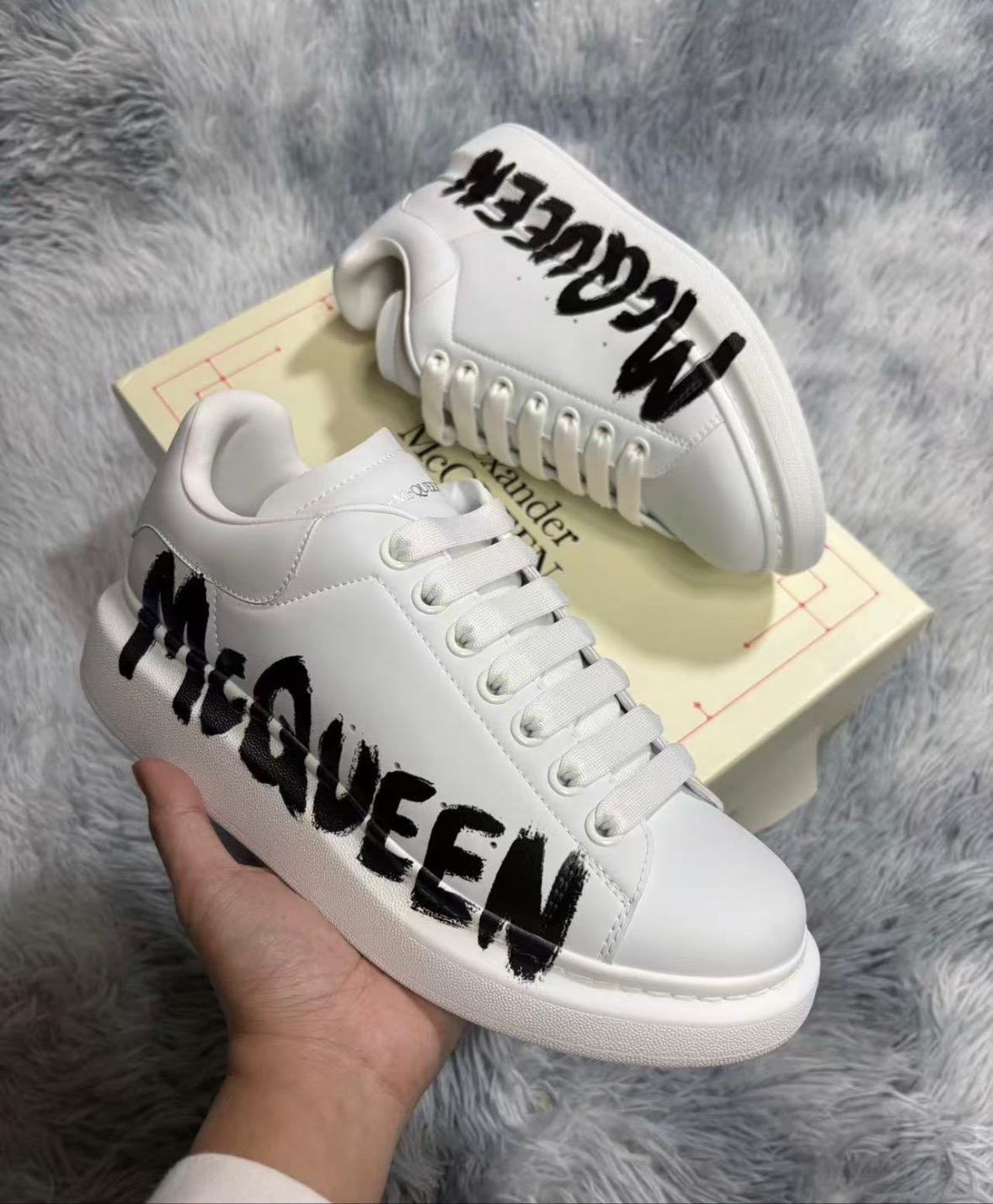 Alexander McQueen Oversized Sneaker with Graffiti Logo Optic White / Midnight Black